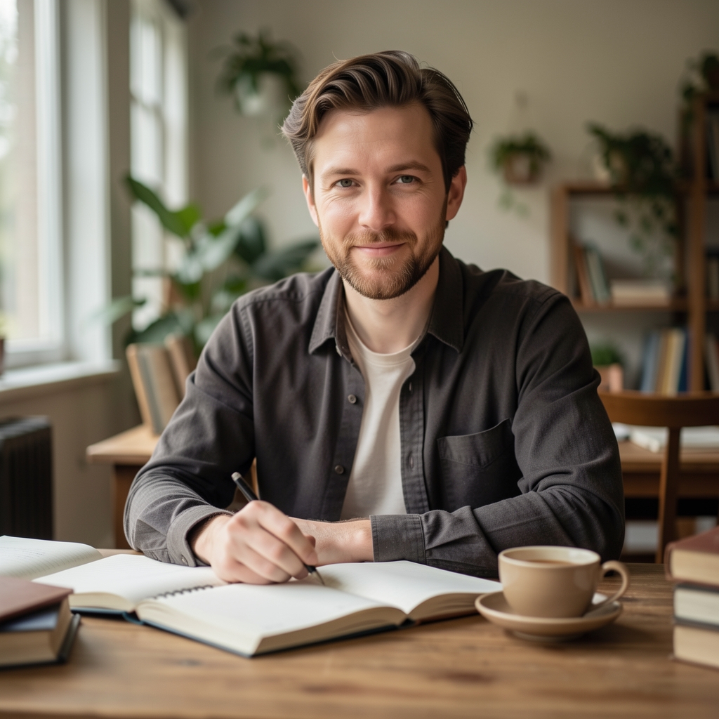 Portrait of a writer at a wooden desk with open notebooks and a cup of tea in a quiet morning workspace