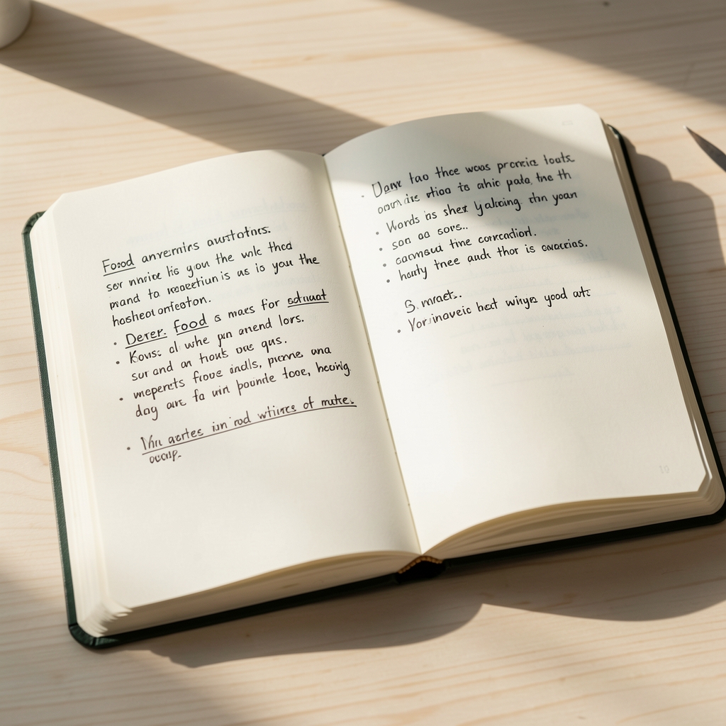 Open notebook with hand-written food observations on a pale wooden surface in morning light