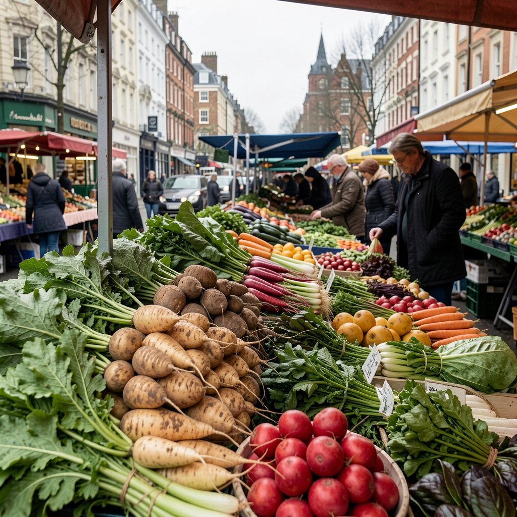 Seasonal market produce including root vegetables and winter greens on a stall in overcast London daylight