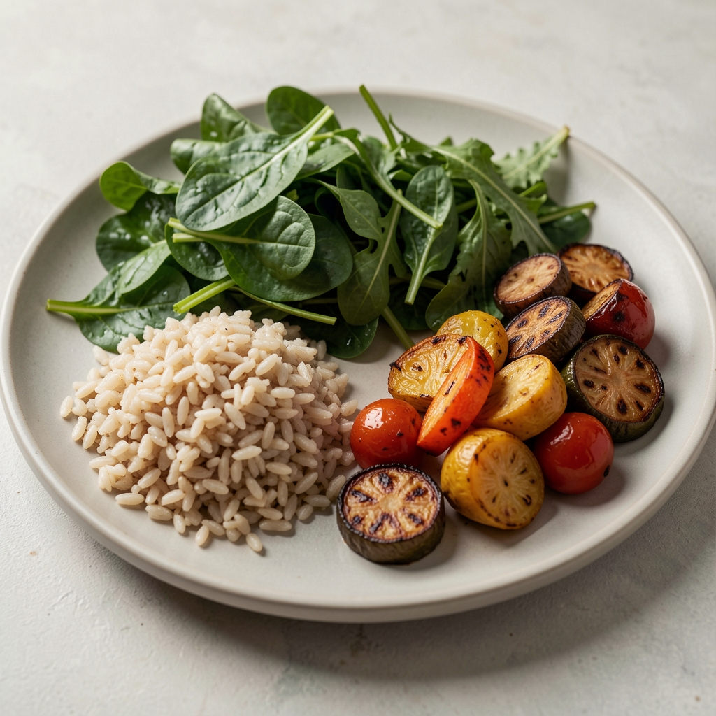 Close-up of a balanced meal preparation — grains, leafy greens, and roasted vegetables arranged in sections on a neutral plate