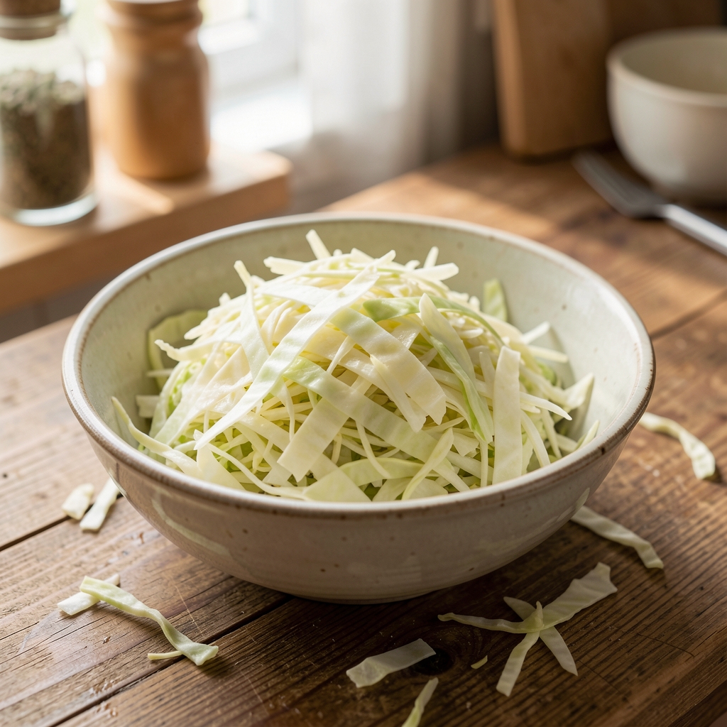 Shredded cabbage in a ceramic bowl being prepared for fermentation on a wooden kitchen surface in natural light