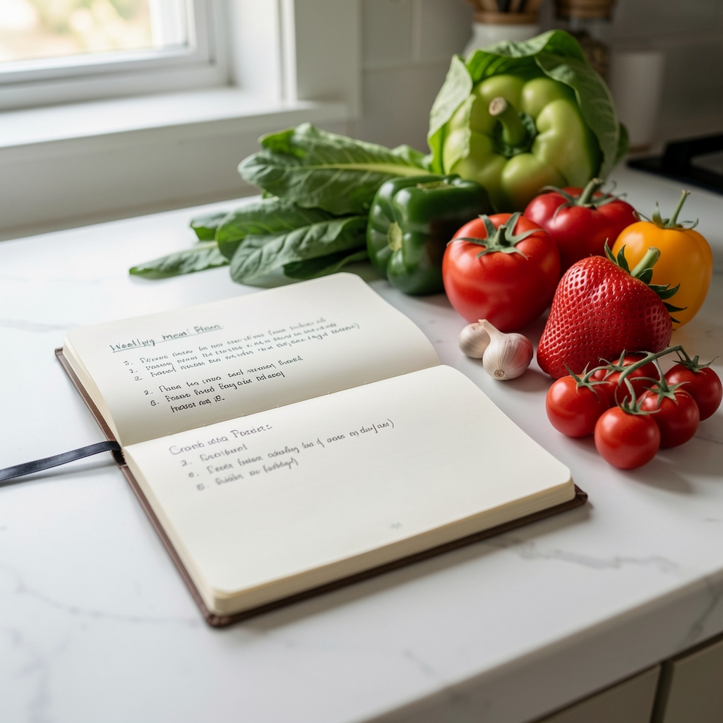 Weekly meal prep containers arranged neatly on a kitchen counter with fresh herbs nearby in afternoon light